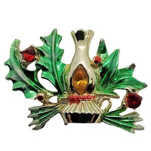 BJ Gold-Tone Christmas Lantern Holly Gold Rhinestone Brooch, Signed